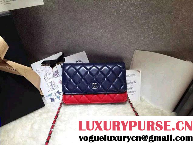 Chanel Lambskin Leather Tri-color Wallet On Chain WOC Bag Navy/Red/Sky Blue 2016