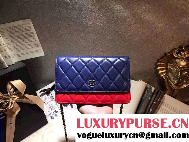 Chanel Lambskin Leather Tri-color Wallet On Chain WOC Bag Navy/Red/Sky Blue 2016