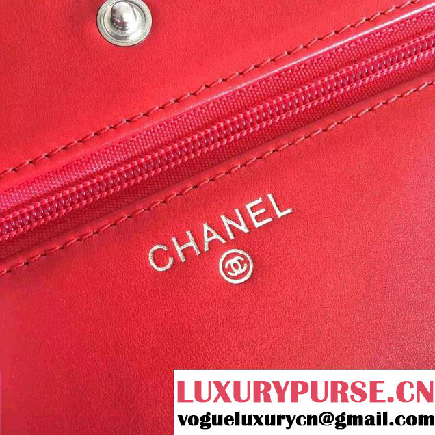 Chanel Lambskin CC Signature Quilting Wallet On Chain WOC Bag Red 2016