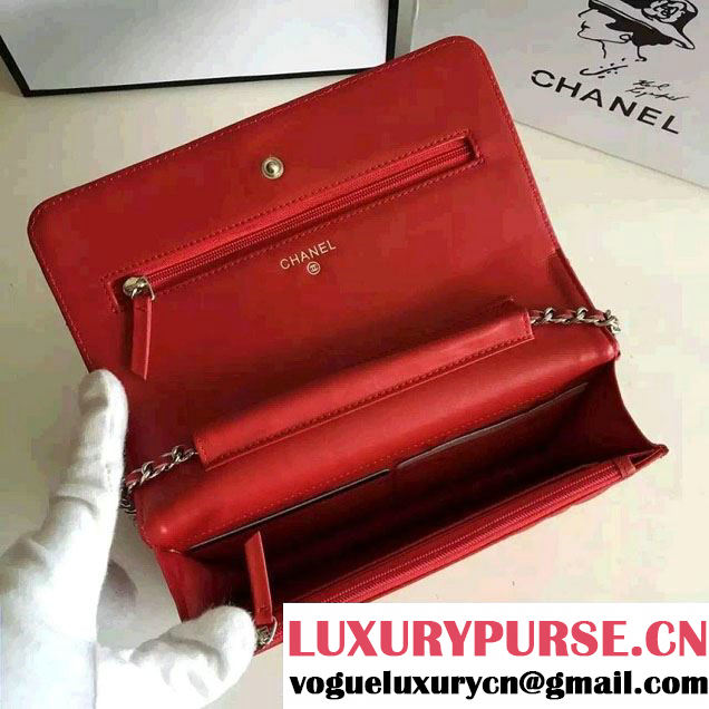 Chanel Lambskin CC Signature Quilting Wallet On Chain WOC Bag Red 2016