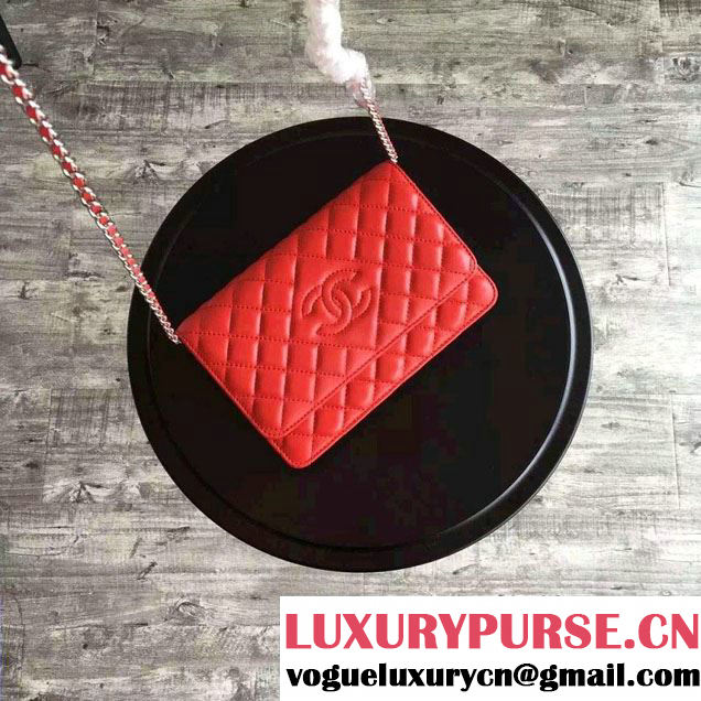 Chanel Lambskin CC Signature Quilting Wallet On Chain WOC Bag Red 2016