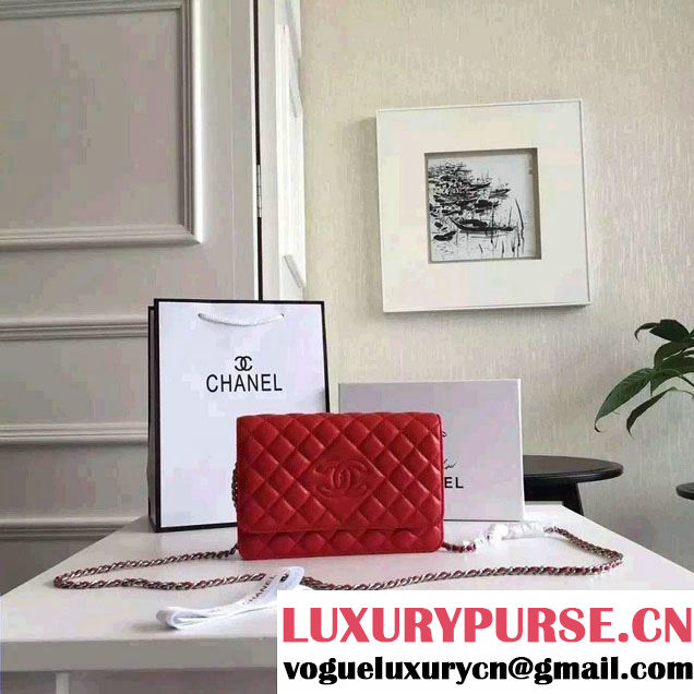 Chanel Lambskin CC Signature Quilting Wallet On Chain WOC Bag Red 2016