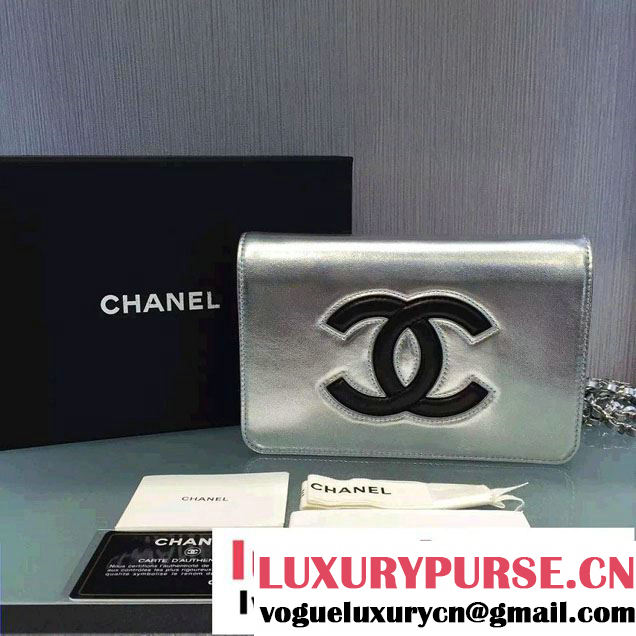 Chanel Bicolor CC Signature Quilting Wallet On Chain WOC Bag Silver/Black 2016