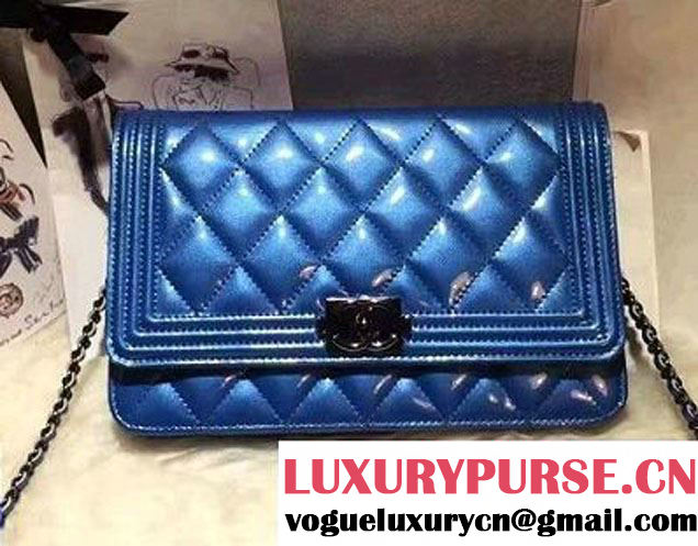 Chanel Boy Patent Calfskin Wallet On Chain WOC Bag Blue 2016