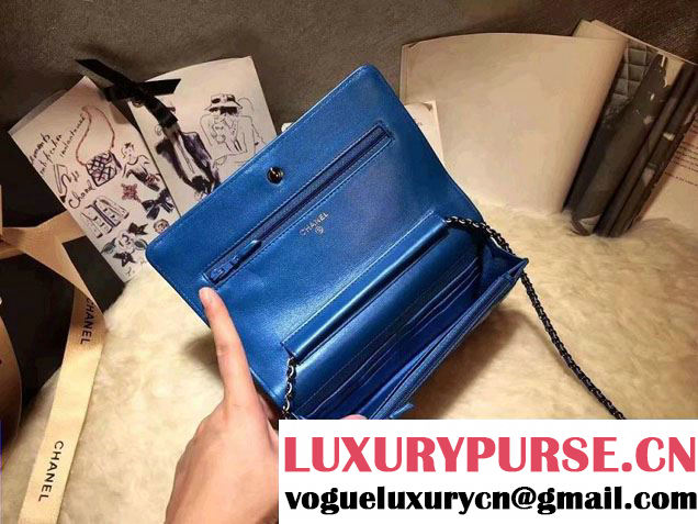 Chanel Boy Patent Calfskin Wallet On Chain WOC Bag Blue 2016