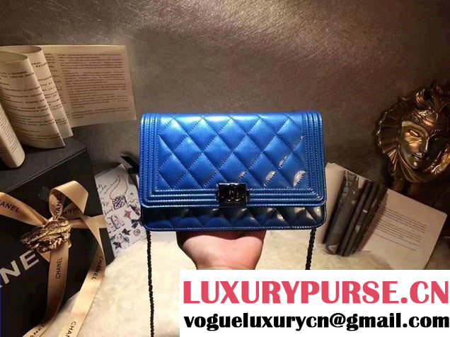 Chanel Boy Patent Calfskin Wallet On Chain WOC Bag Blue 2016