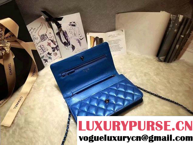 Chanel Boy Patent Calfskin Wallet On Chain WOC Bag Blue 2016