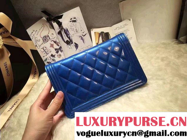 Chanel Boy Patent Calfskin Wallet On Chain WOC Bag Blue 2016