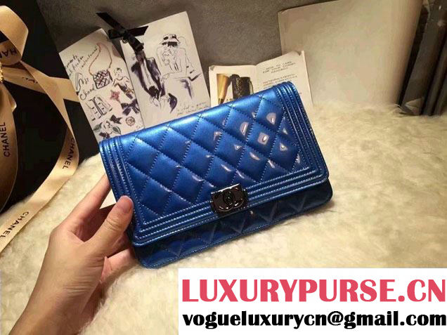 Chanel Boy Patent Calfskin Wallet On Chain WOC Bag Blue 2016