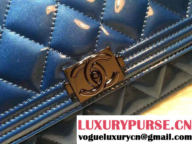 Chanel Boy Patent Calfskin Wallet On Chain WOC Bag Blue 2016