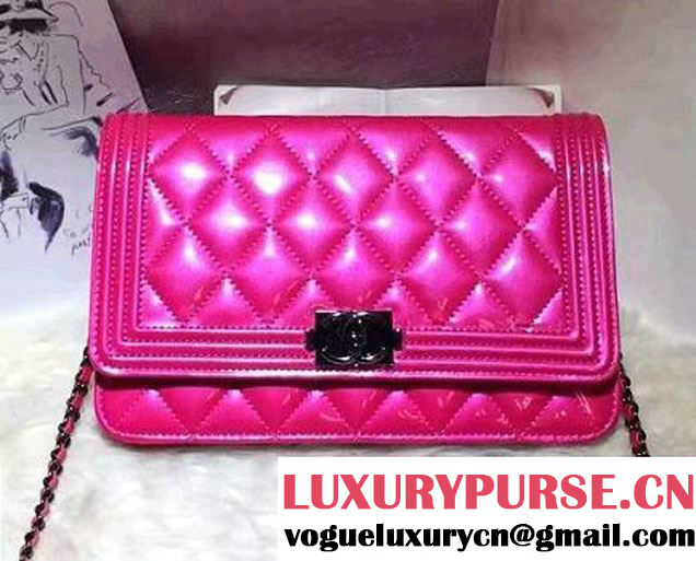 Chanel Boy Patent Calfskin Wallet On Chain WOC Bag Fushia 2016