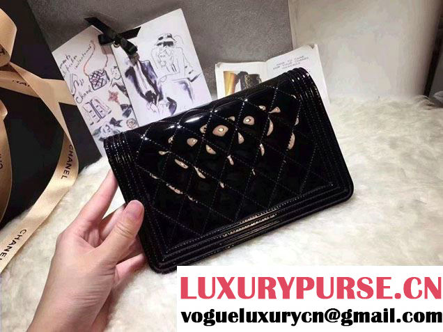 Chanel Boy Patent Calfskin Wallet On Chain WOC Bag Black 2016