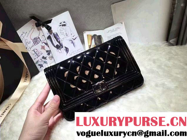 Chanel Boy Patent Calfskin Wallet On Chain WOC Bag Black 2016