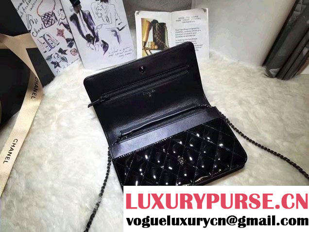 Chanel Boy Patent Calfskin Wallet On Chain WOC Bag Black 2016