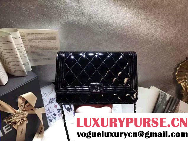 Chanel Boy Patent Calfskin Wallet On Chain WOC Bag Black 2016