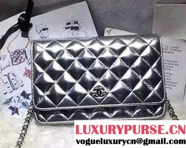 Chanel Sheepskin Wallet On Chain WOC Bag Silver with Silver Hardware