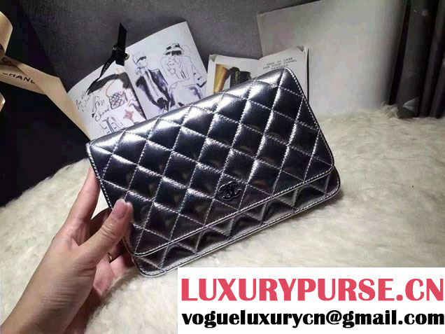 Chanel Sheepskin Wallet On Chain WOC Bag Silver with Silver Hardware