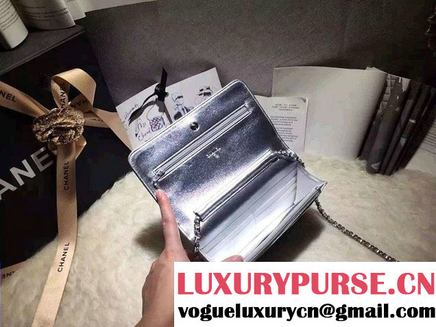 Chanel Sheepskin Wallet On Chain WOC Bag Silver with Silver Hardware