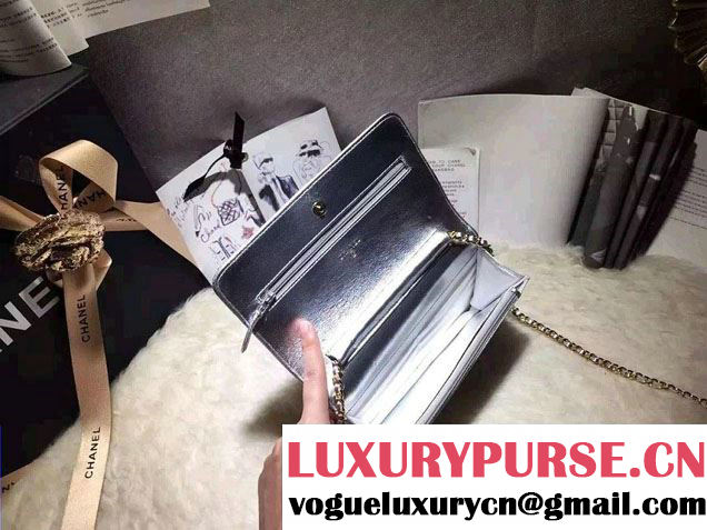 Chanel Sheepskin Wallet On Chain WOC Bag Silver with Gold Hardware