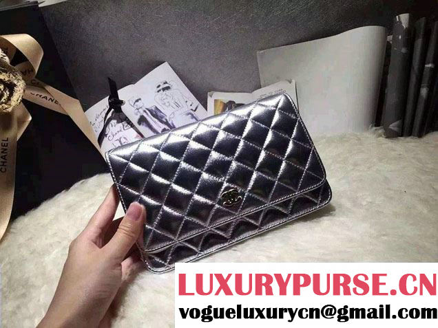 Chanel Sheepskin Wallet On Chain WOC Bag Silver with Gold Hardware