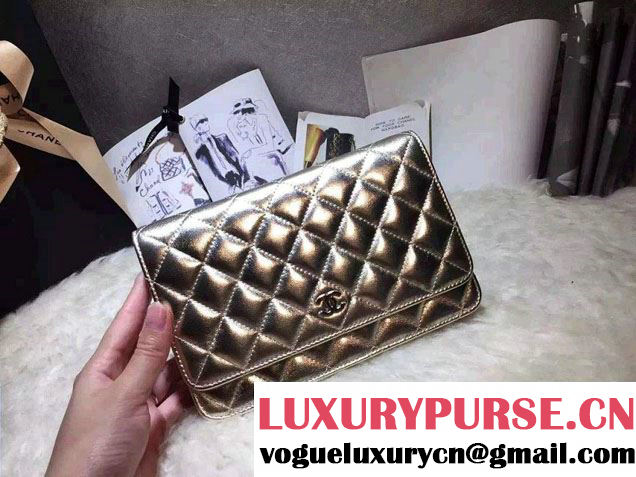 Chanel Sheepskin Wallet On Chain WOC Bag Gold with Silver Hardware