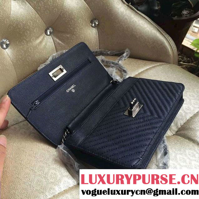 Chanel Grained Chevron Reissue Wallet On Chain WOC Bag A80834 Royal Blue/Silver 2016