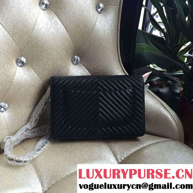 Chanel Grained Chevron Reissue Wallet On Chain WOC Bag A80834 Black/Gold 2016