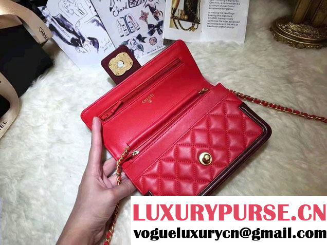 Chanel Quilted/Light Gold Metal Lambskin Wallet On Chain WOC Bag A84021 Burgundy/Red 2016