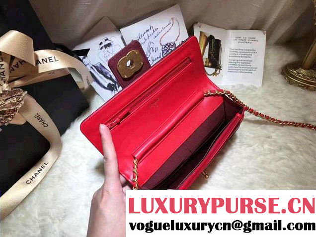 Chanel Quilted/Light Gold Metal Lambskin Wallet On Chain WOC Bag A84021 Burgundy/Red 2016