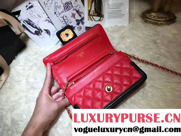 Chanel Quilted/Light Gold Metal Lambskin Wallet On Chain WOC Bag A84021 Black/Red 2016