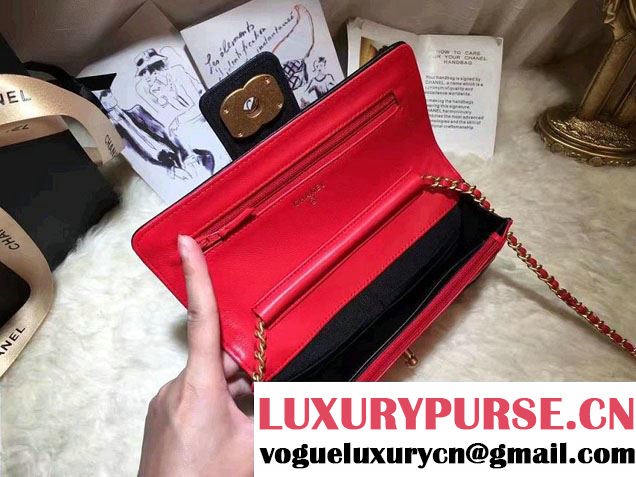 Chanel Quilted/Light Gold Metal Lambskin Wallet On Chain WOC Bag A84021 Black/Red 2016
