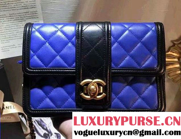 Chanel Quilted/Light Gold Metal Lambskin Wallet On Chain WOC Bag A84021 Black/Blue 2016