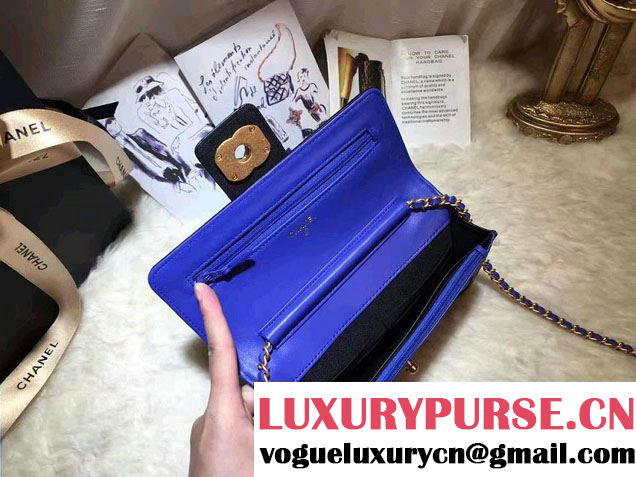 Chanel Quilted/Light Gold Metal Lambskin Wallet On Chain WOC Bag A84021 Black/Blue 2016
