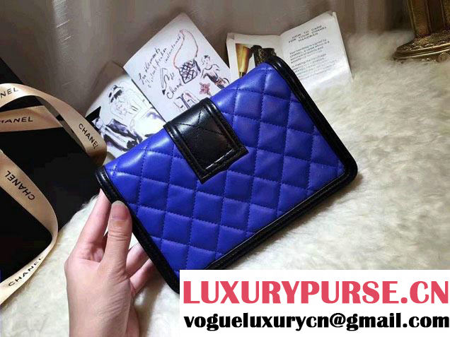 Chanel Quilted/Light Gold Metal Lambskin Wallet On Chain WOC Bag A84021 Black/Blue 2016