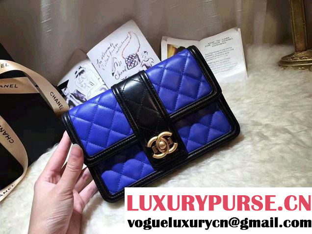 Chanel Quilted/Light Gold Metal Lambskin Wallet On Chain WOC Bag A84021 Black/Blue 2016