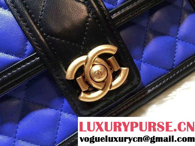 Chanel Quilted/Light Gold Metal Lambskin Wallet On Chain WOC Bag A84021 Black/Blue 2016