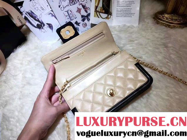 Chanel Quilted/Light Gold Metal Lambskin Wallet On Chain WOC Bag A84021 Black/Beige 2016