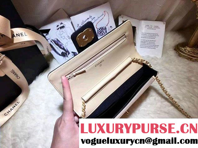 Chanel Quilted/Light Gold Metal Lambskin Wallet On Chain WOC Bag A84021 Black/Beige 2016