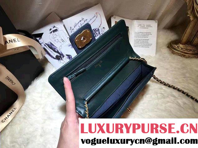 Chanel Quilted/Light Gold Metal Lambskin Wallet On Chain WOC Bag A84021 Green 2016