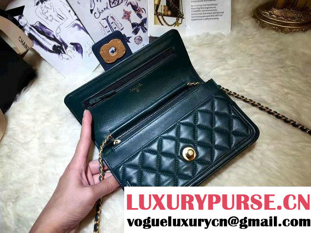 Chanel Quilted/Light Gold Metal Lambskin Wallet On Chain WOC Bag A84021 Green 2016
