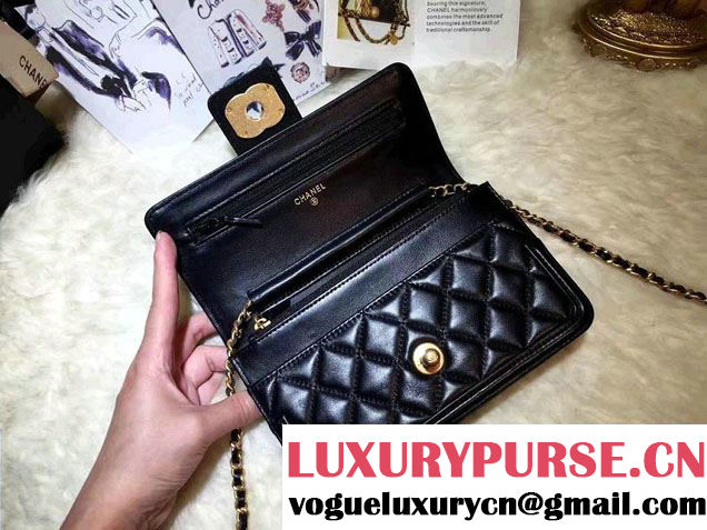 Chanel Quilted/Light Gold Metal Lambskin Wallet On Chain WOC Bag A84021 Black 2016