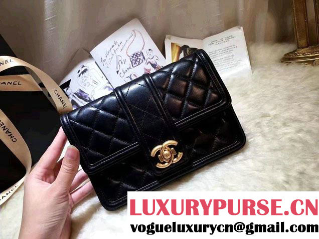 Chanel Quilted/Light Gold Metal Lambskin Wallet On Chain WOC Bag A84021 Black 2016