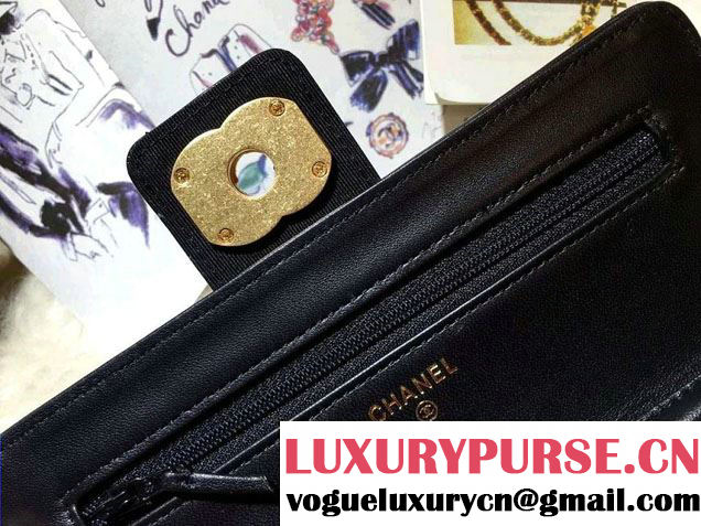 Chanel Quilted/Light Gold Metal Lambskin Wallet On Chain WOC Bag A84021 Black 2016