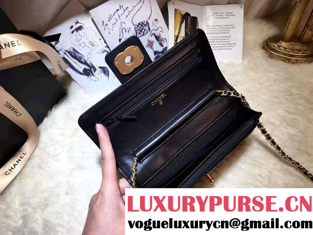 Chanel Quilted/Light Gold Metal Lambskin Wallet On Chain WOC Bag A84021 Black 2016