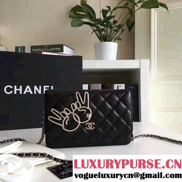 Chanel Lambskin and Strass Fingers Wallet On Chain WOC Bag Black 2016