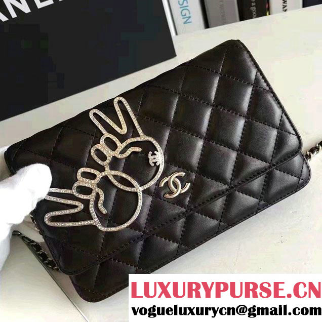 Chanel Lambskin and Strass Fingers Wallet On Chain WOC Bag Black 2016