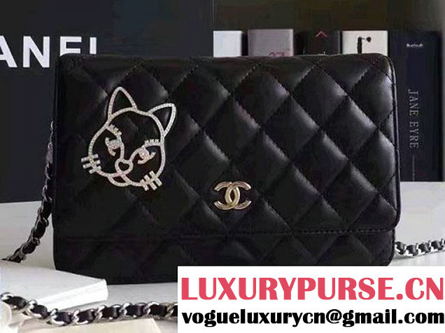 Chanel Lambskin and Strass Cat Wallet On Chain WOC Bag Black 2016