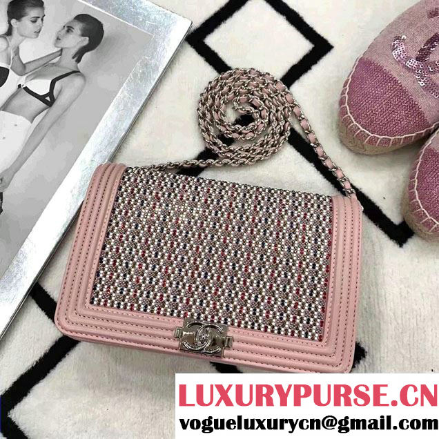 Chanel Boy Suede and Strass Wallet On Chain WOC Bag A80287 Pink Cruise 2017