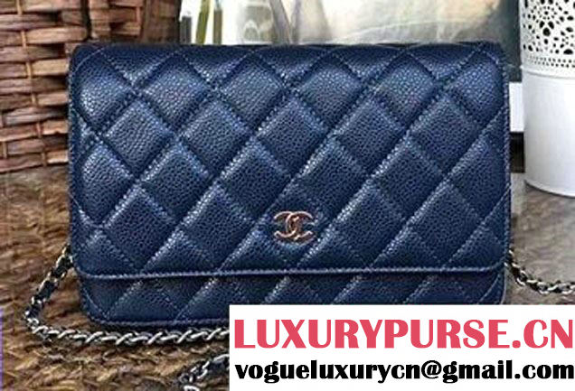 Chanel Grained Metal Wallet On Chain WOC Bag A80982 Navy Blue 2017