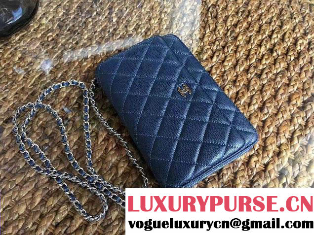 Chanel Grained Metal Wallet On Chain WOC Bag A80982 Navy Blue 2017
